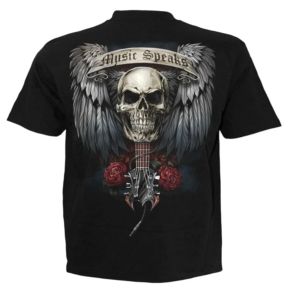 Vtg Spiral Direct Skull Guitar Wings Gothic Rock Tattoo Y2K Graphic T Shirt XL
